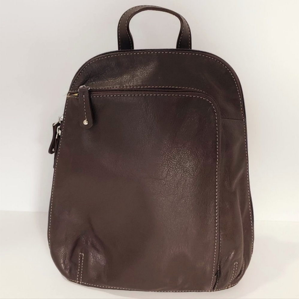 Tiganello Small Dark Brown Leather Mini Backpack / Purse Bag Fabric Lined EUC